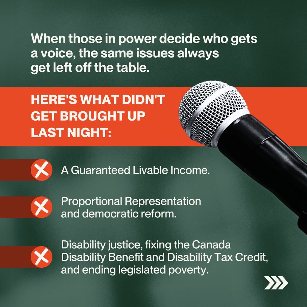 On a dark green background is an image of a microphone overlaying a red bar. On the red bar, large white text reads, “Here's what didn't get brought up last night:”. Above the red bar, smaller white text reads, “When those in power decide who gets a voice, the same issues always get left off the table.” Below is a list of topics marked with a large X. The list is as follows: “A Guaranteed Livable Income.”, “Proportional Representation and democratic reform.”, “Disability justice, fixing the Canada Disability Benefit and Disability Tax Credit, and ending legislated poverty.” In the bottom right corner is an arrow representing more slides to follow.