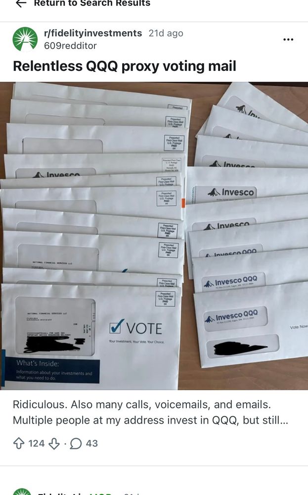 Reddit post Relentless QQQ proxy voting mail, showing 20 envelopes to same house 