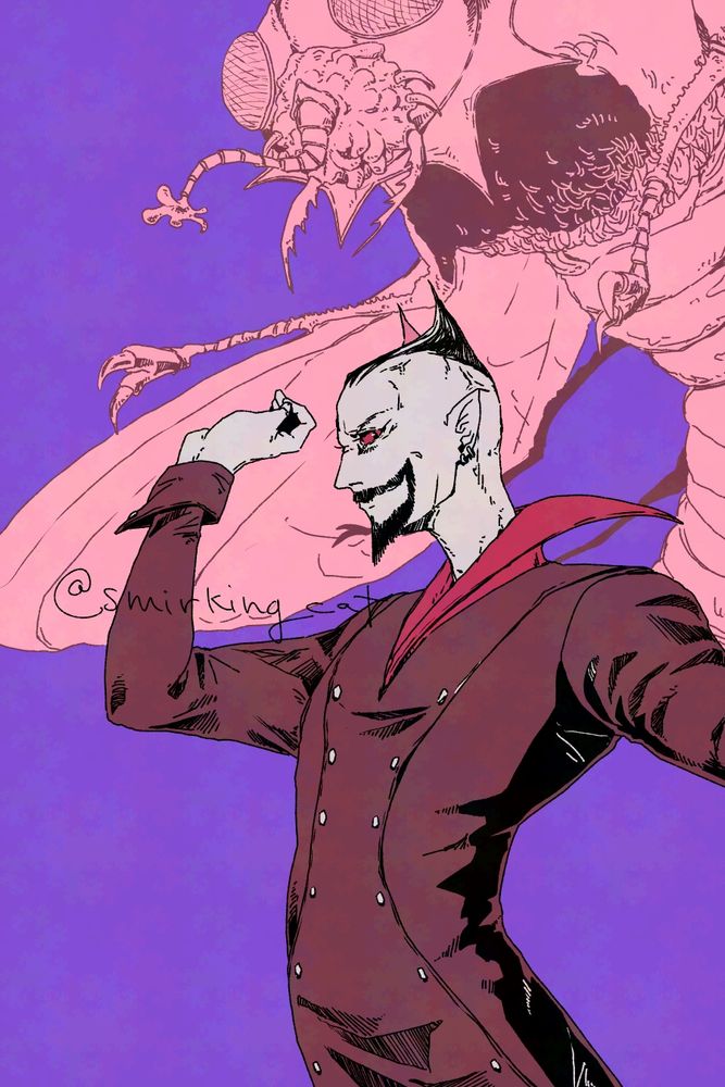 Fan art of Bristol-D from Power Instinct, holding one hand near face, and a giant fly looming behind him.