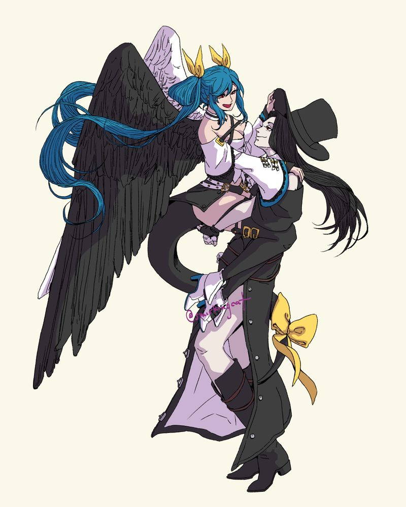 Fan art of Dizzy and Testament from Guilty Gear series. Testament in their Strive costume is holding Dizzy up and they are both smiling and happy.