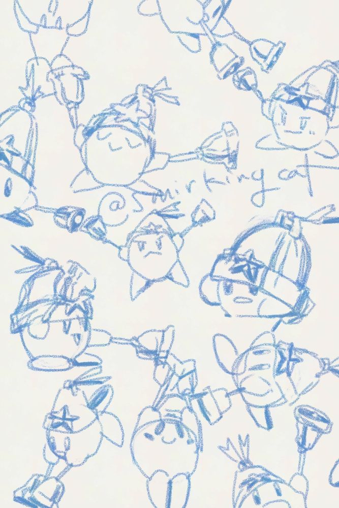Sketches of Kirby wearing a big bell and a hand bell in each hand, bonking things. 