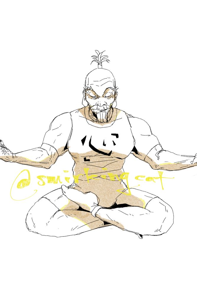 Fan art of Netero from the Hunter X Hunter series, in a meditation pose with closed eyes.