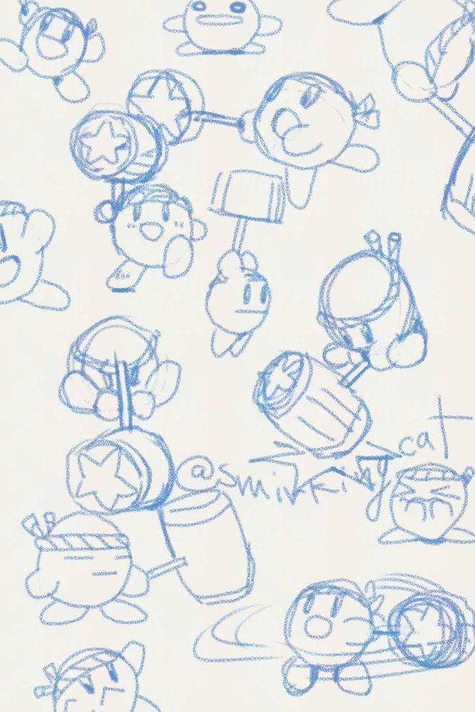Sketches of Kirby with a headband and hammer smashing things. 