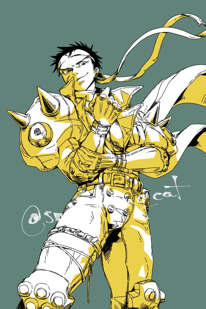 Fan art of Jin Saotome from Cyberbots with his scarf and head band tail waving behind him.