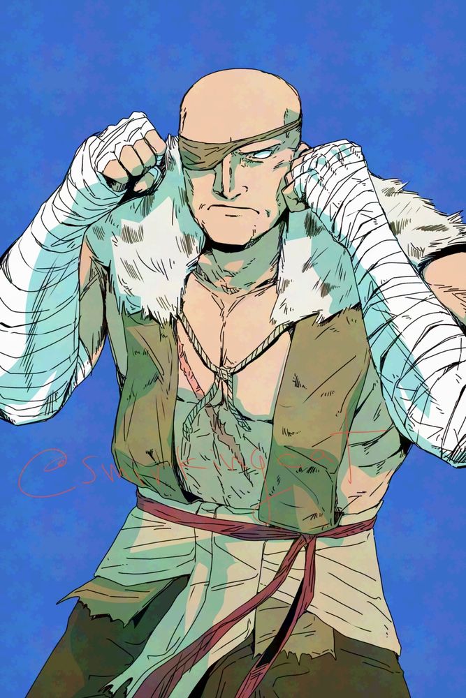 Fan art of Sagat from Street Fighter in his street fighter 6 outfit, and ready to fight stance. 