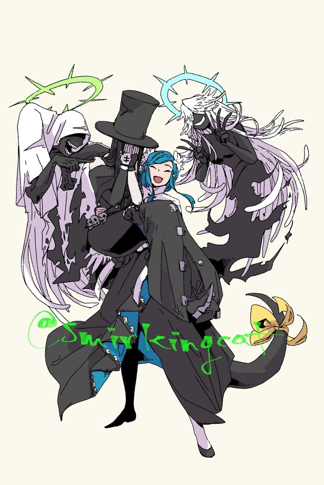 Fan art of Queen Dizzy and Testament from Guilty Gear Strive. Dizzy is carrying Testament in her arms and looks happy and proud. Testament's expression is hidden from viewer because they have both hands on their face. Necro is teasing Testament and Undine is holding up peace signs with both their hands.