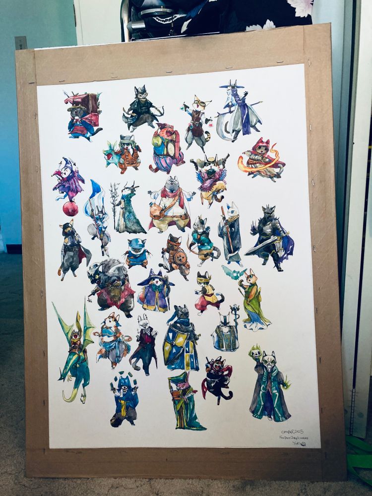 Photo of the Catober 2025 cats original drawing, 31 cats on watercolour paper. 