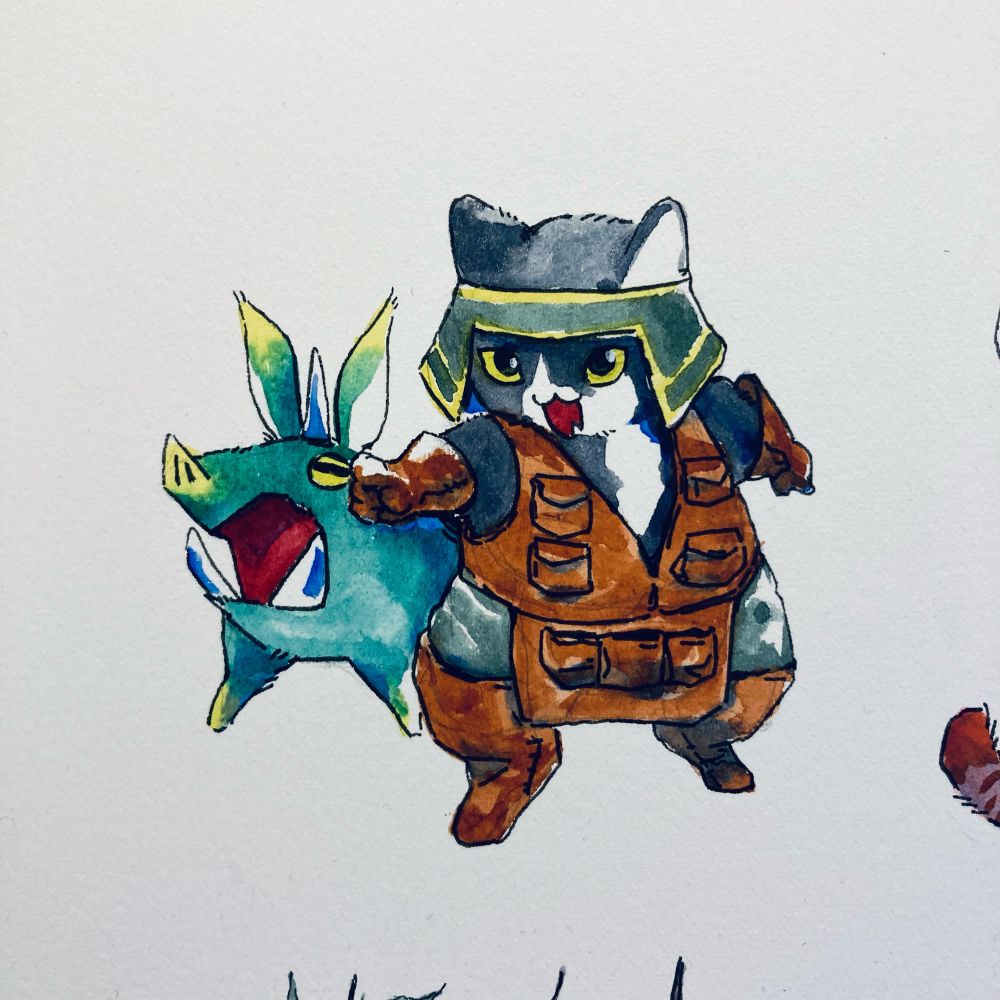 Watercolour illustration of a tuxedo cat in a leather vest, apron, boots and gloves. They are pointing to where the green boar like beast friend should be charging towards.