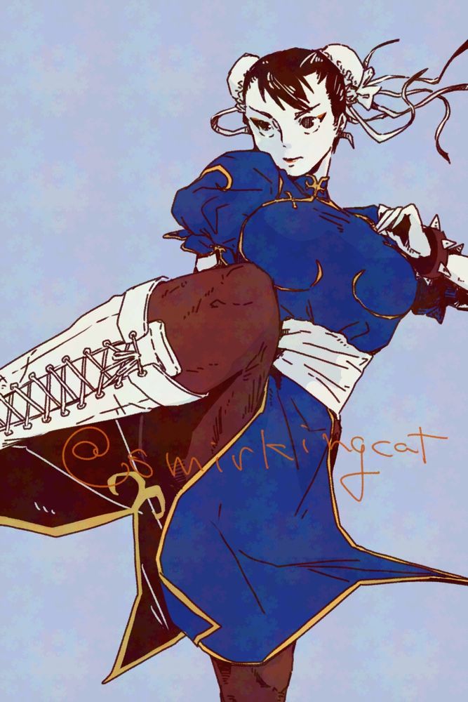 Fan art of Chun-Li from the Street Fighter series, ready to kick someone's face off.