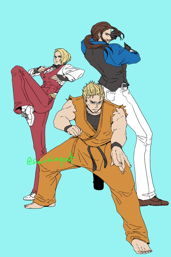Fan art of team Art of Fighting from King of Fighters 15, posed in ready to fight stances.