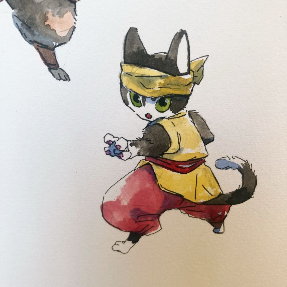 Watercolour illustration of a cat with a cloth wrapped around their forehead, and wearing loose easy to move outfit. They are in a ready to punch stance.