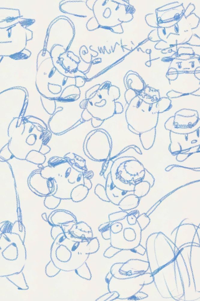 Sketches of Kirby cracking a whip.