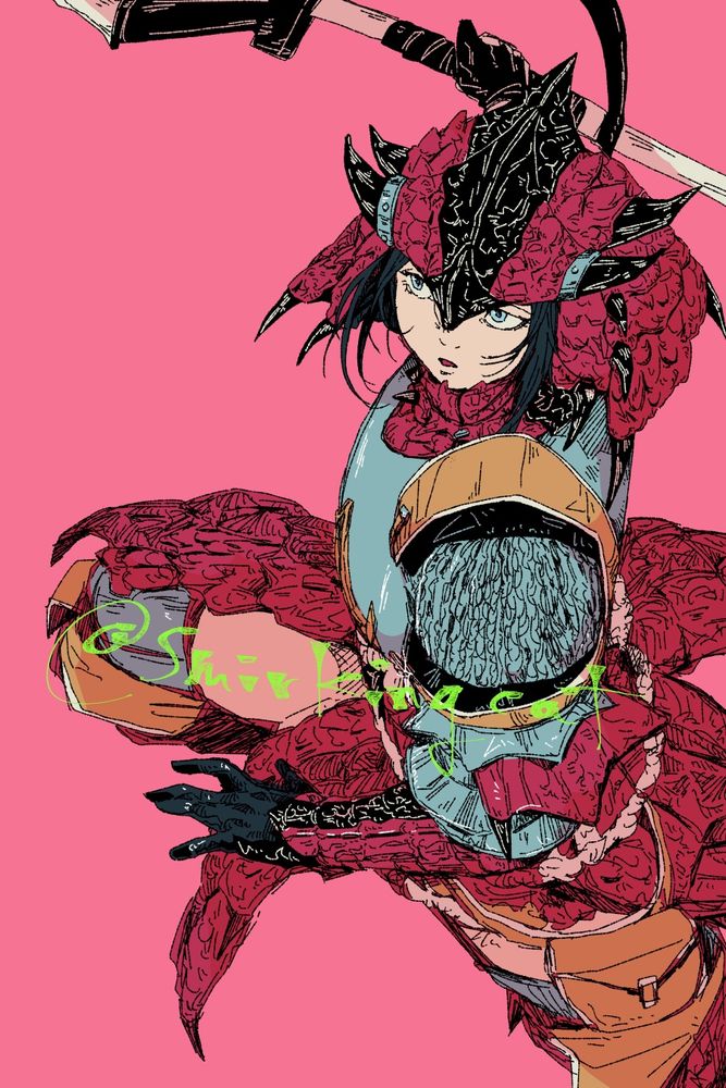 Fan art of the Monster Hunter from Marvel vs Capcom Infinite in their awesome red dragon armor.