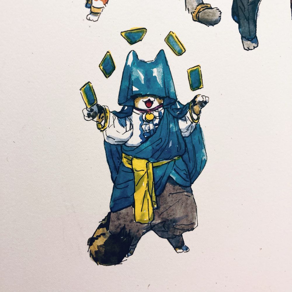 Watercolour illustration of a tabby cat wearing a veil over their face to cover and give off mysterious vibes, with tarot cards hovering above them.