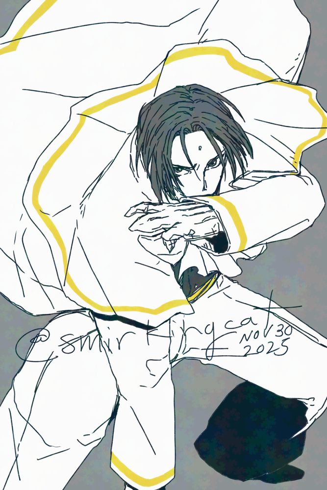 Fan art of Shinnosuke Kagami from the Last Blade 2 in a battle ready pose, right arm pointing down toward the ground, left arm at face height, knees bent.