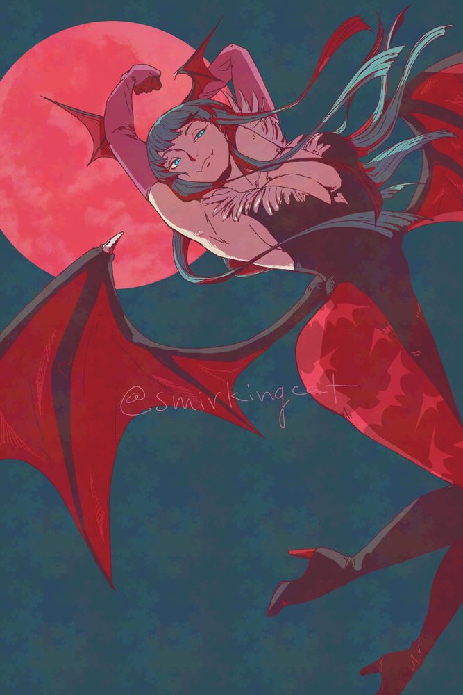 Fan art of Morrigan Aensland from Darkstalkers with a red moon behind her.