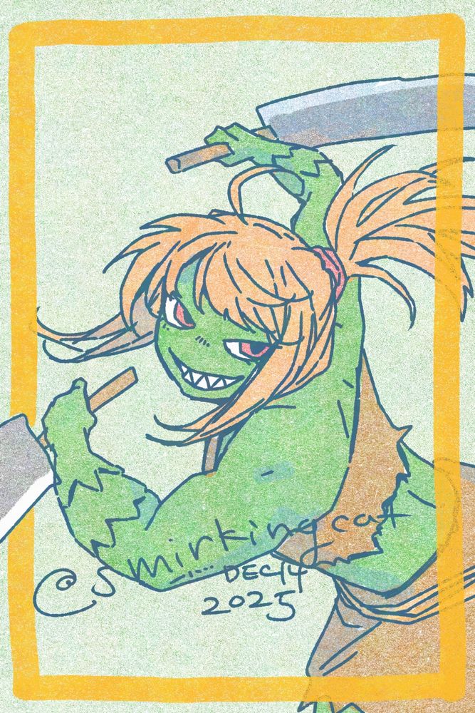 Fan art of Tsukinami from Ultra Fight Da! Kyanta 2, swinging both her big knives. 