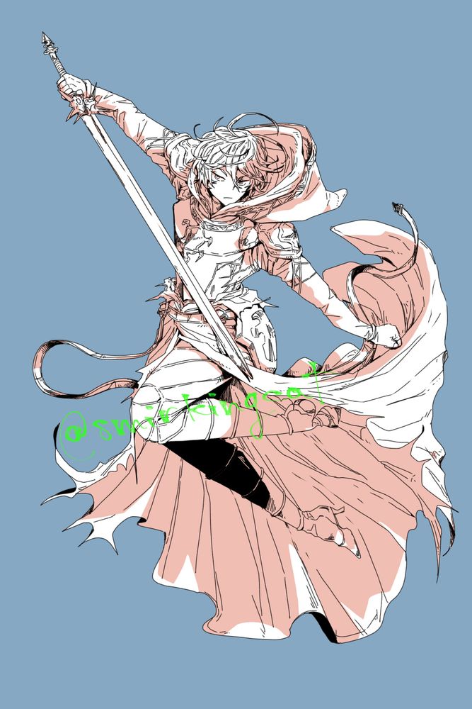 Fan art of Sandalphon from Granblue Fantasy Versus Rising, mid jump, sword in hand with outfit flowing out behind.