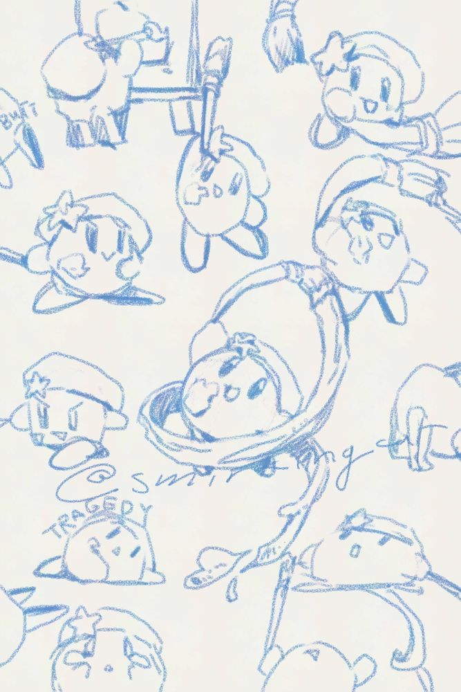 Sketches of Artist Kirby slinging paint with a paintbrush. 