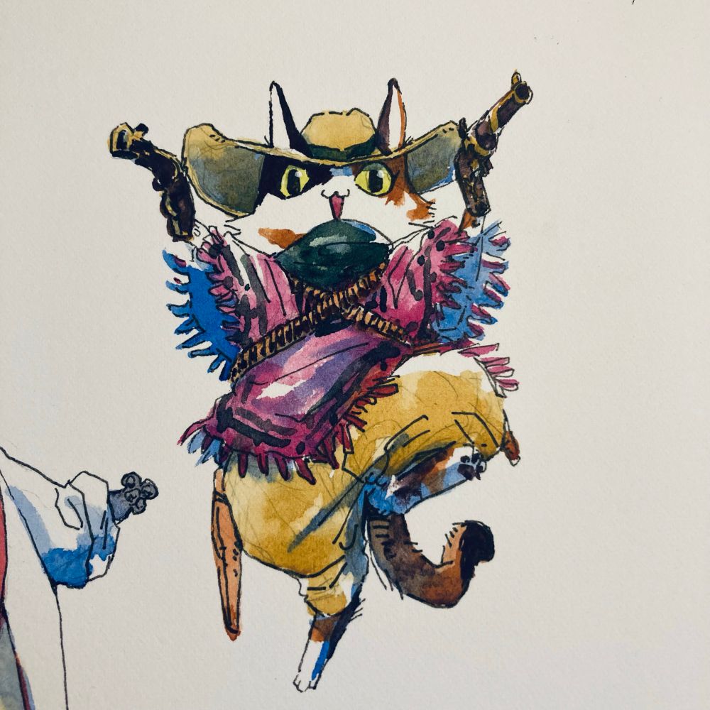 Watercolour illustration of a calico cat in a cowboy hat and poncho, with a revolver in each front paw.