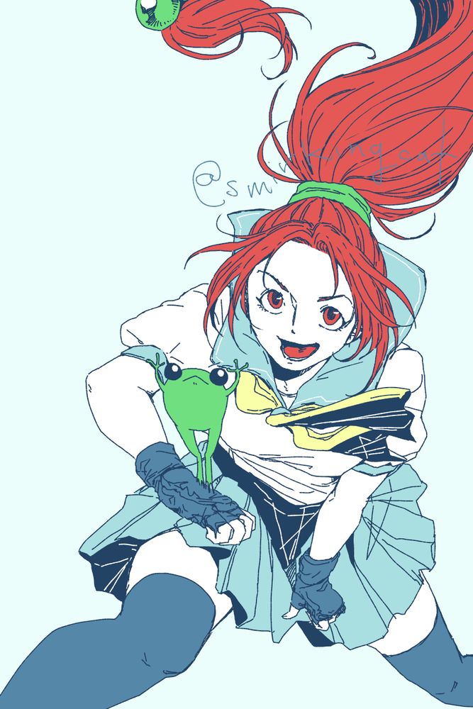 Fan art of Karina Toyota from Asuka 120%. Little frog is jumping off of her right hand. 