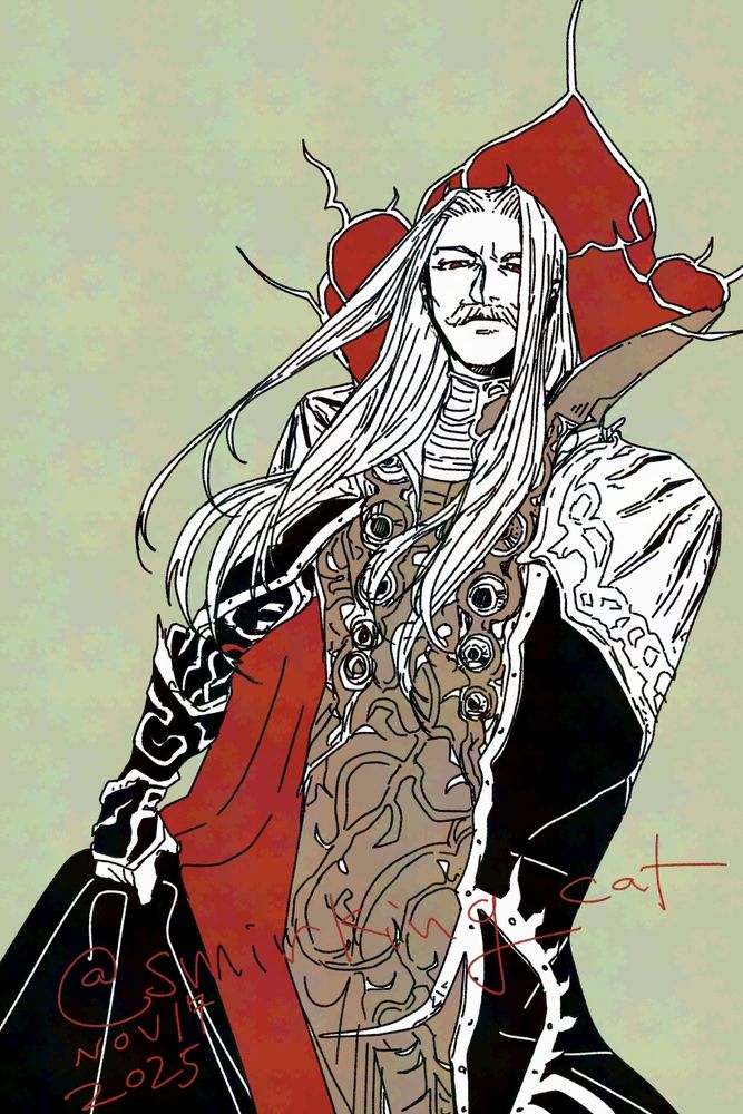 Fan art of Dracula from Castlevania Judgement, standing and holding one edge of cape. 