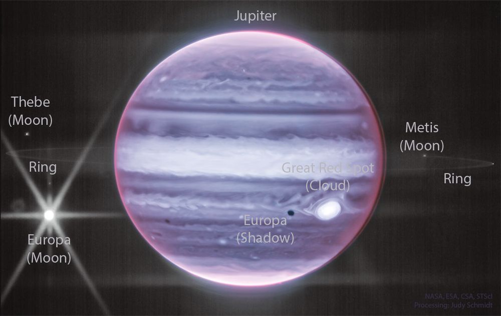 Explanation: Why does Jupiter have rings? Jupiter's main ring was discovered in 1979 by NASA's passing Voyager 1 spacecraft, but its origin was then a mystery. Data from NASA's Galileo spacecraft that orbited Jupiter from 1995 to 2003, however, confirmed the hypothesis that this ring was created by meteoroid impacts on small nearby moons. As a small meteoroid strikes tiny Metis, for example, it will bore into the moon, vaporize, and explode dirt and dust off into a Jovian orbit. The featured image of Jupiter in infrared light by the James Webb Space Telescope shows not only Jupiter and its clouds, but this ring as well. Jupiter's Great Red Spot (GRS) -- in comparatively light color on the right, Jupiter's large moon Europa -- in the center of diffraction spikes on the left, and Europa's shadow -- next to the GRS -- are also visible. Several features in the image are not yet well understood, including the seemingly separated cloud layer on Jupiter's right limb.