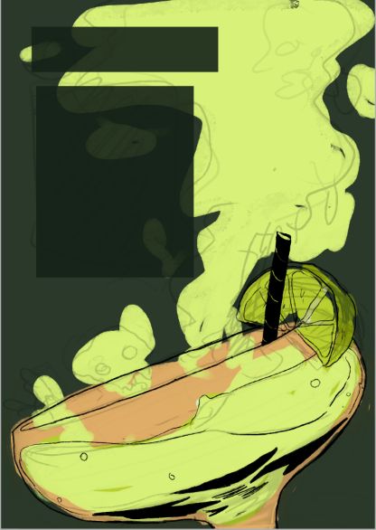 Digital illustration (unfinished). A round cocktail glass with a wedge of lime and a straw. Smoke with skull shapes gush out