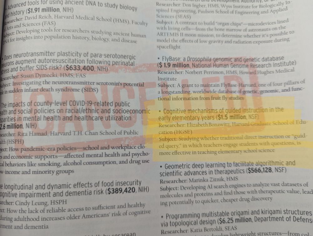 A picture of the grants listed that were canceled at Harvard with a big red stamp that says the word canceled