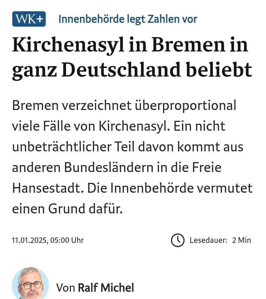 Screenshot von der Headline eines Artikels des Weserkurier vom 11.1.2025. Die Überschrift lautet: Kirchenasyl in Bremen in ganz Deutschland beliebt. 