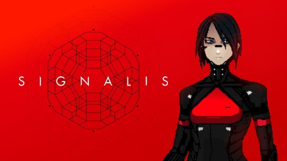 the image has a red background with a signalis logo to the left, and the main character, elster, a replika with short black hair and black plating-clothes with a big red triangle in the breast area