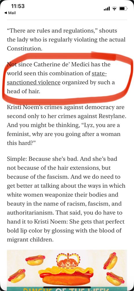 A screenshot of Lyz Lenz’s Dingus of the Week post about Kristi Noem