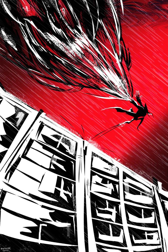 art of gabby skating down the side of a building in the rain, in white black and red. his arm is breaking and warping