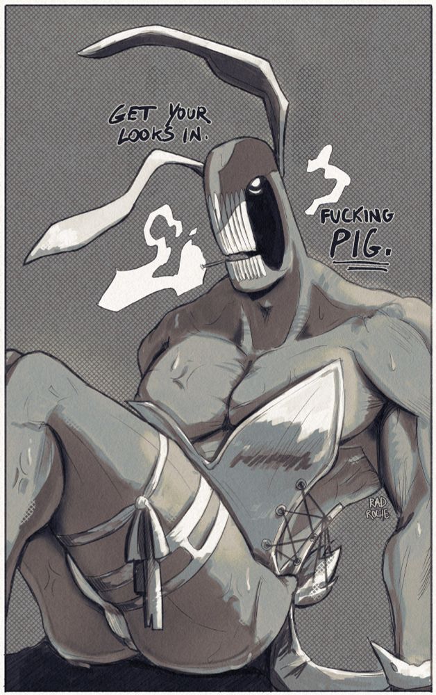 dedan in a pinup pose, wearing a bunny costume and visibly aroused. he's saying 'get your looks in. fucking pig'