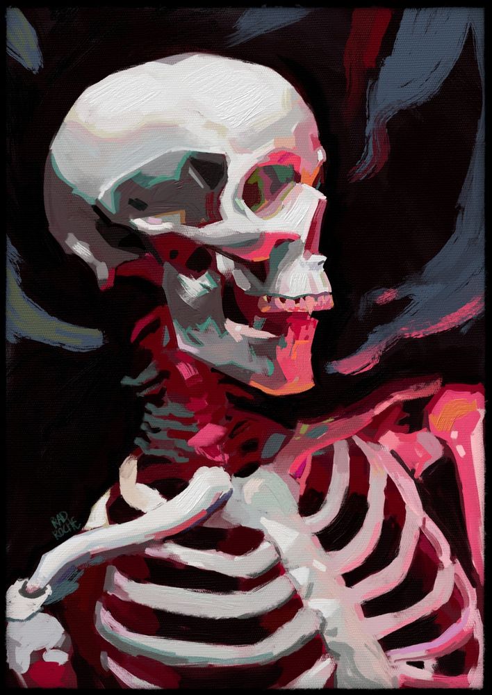 a portrait study of a skeleton looking to the right. he's lit in pink and green