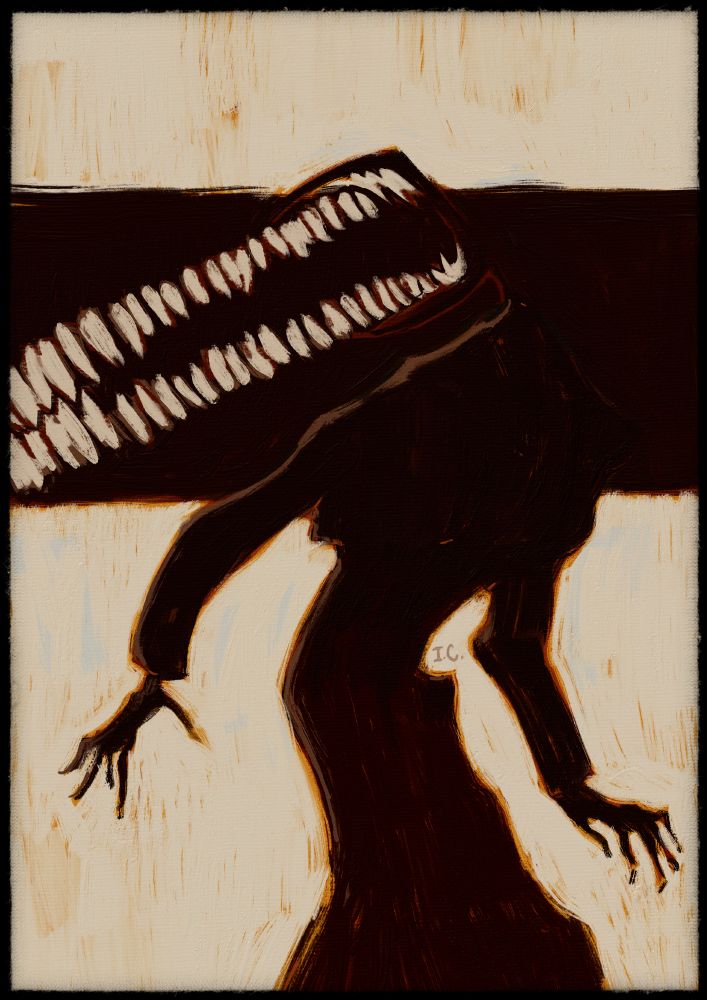 painterly gabby. he's silhouetted and his teeth are flying off the canvas