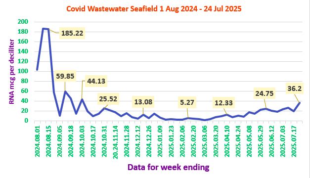 Graph title: Covid Wastewater Seafield 1st August 2024 to 24th July 2025. Unit: RNA mcg per deciliter. Was 185.22 August 2024, down to a low of 5.27 June 2025, most recent reading 17th July at 36.2.
