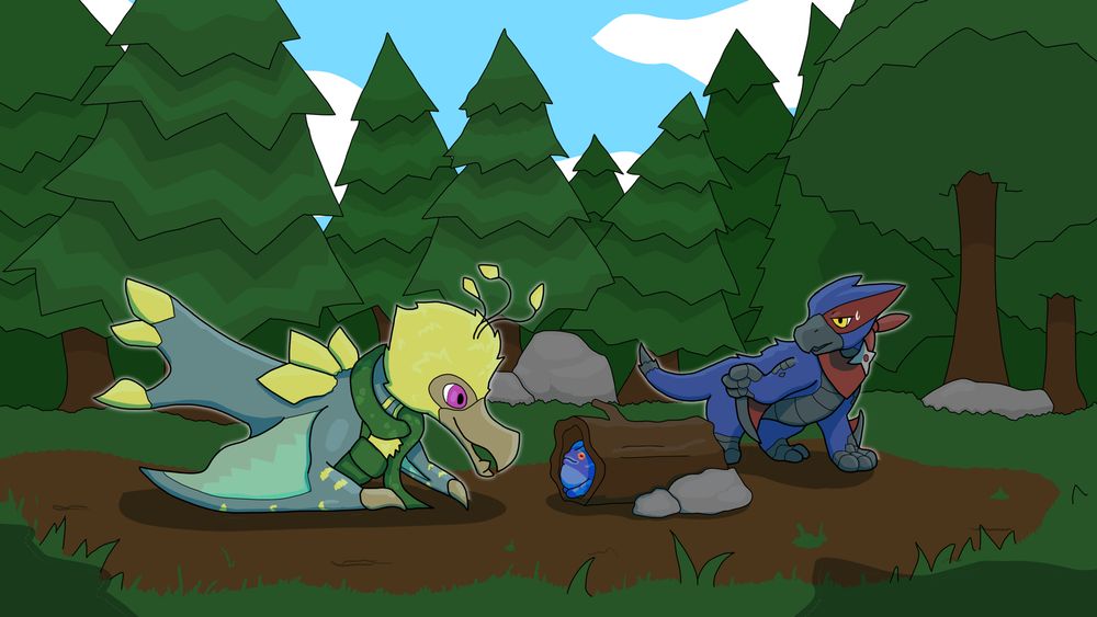 The Farunokku and Nargacuga explorers, Disco and Cuga, are held up by Disco's distractions. They've found a Sleeptoad in a hollow log... You can say hi, but then we have to move on! Hey wait, now's not the time for a nap!

(This pic is based on Arturony's render of my two goobers shown here, I hope I did it justice! And thanks again for making the original! ^vv^)