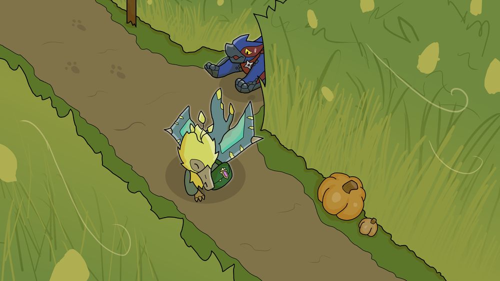 The explorer Nargacuga and Farunokku are exploring a corn maze. It's not like their typical locales, so maybe rushing through the winding pathways isn't such a good idea! Disco the Farunokku does anyway, leaving their leader to ironically chase behind to keep up! Someone's having a bit too much fun... you know you're not looking for a staircase in here, right?