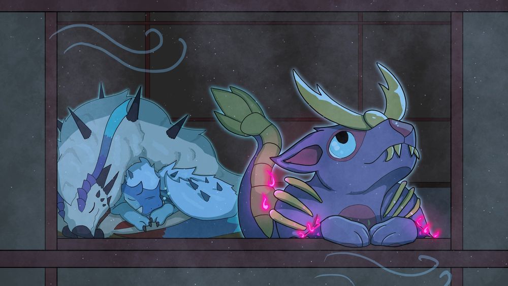 The explorer Magnamalo looks out the window and to the sky, warm purple fire on their body heating them as the snowy dust blows in the foreground. In the background, the Tobi-Kadachi and Toridcless explorers are huddling together, snoozing away the night! Tomorrow is a brighter and warmer day full of adventure, no doubt!