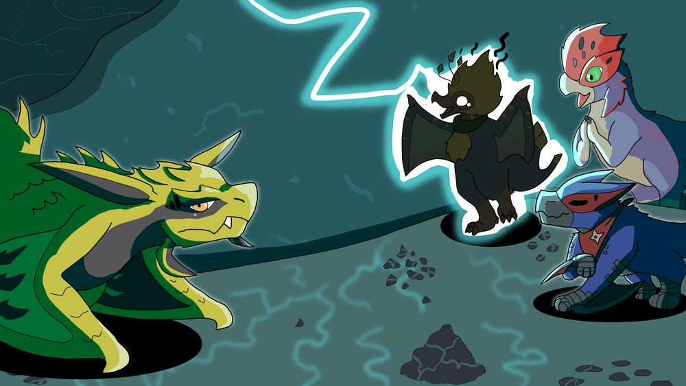 The explorer Farunokku and Nargacuga (now with special guest Quematrice) take shelter from a sandstorm, finding a flashy yellow flying wyvern in the meantime, a Rey Dau! Naturally, the Farunokku draws upon the thunder to impress them, but regrets it when they're immediately struck by lightning..! Awkward first impressions!