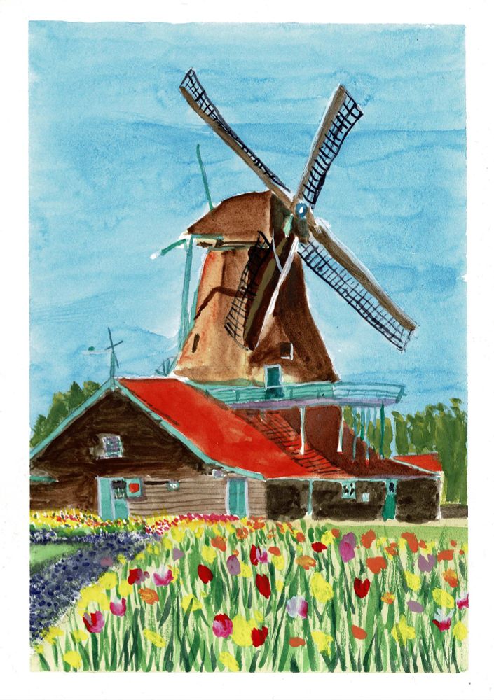 Watercolour painting of a windmill with flowers