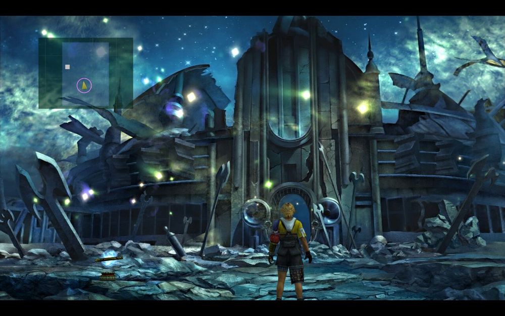 Tidus stands in front of a ruined, haunted dome.