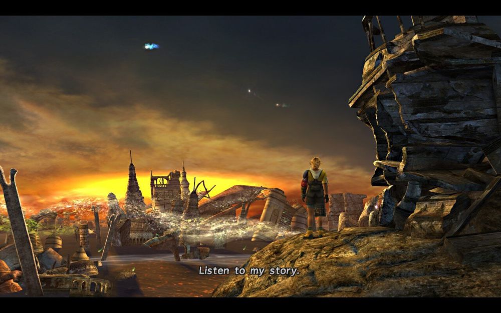 Tidus stands on a cliff looking out at a ruined  city. The voiceover subtitle reads: Listen to my story.