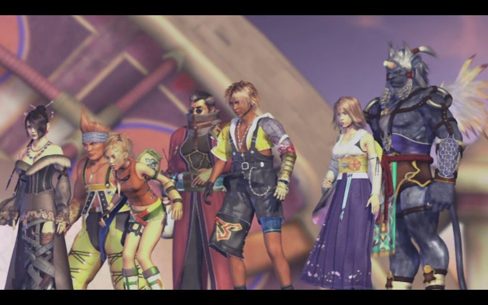 From left to right, Lulu, Wakka, Rikku, Auron, Tidus, Yuna, and Kimahri stand ready for battle atop an airship.