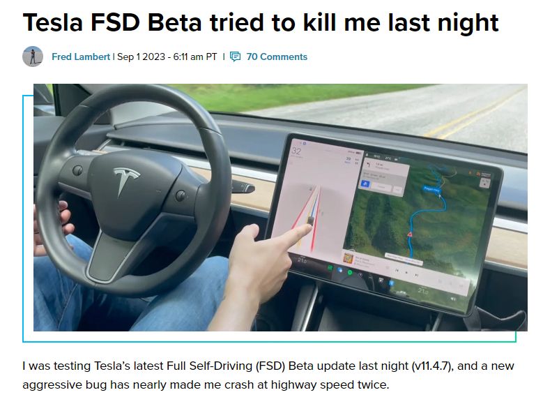 A casual Electrek headline reads "Tesla FSD Beta tried to kill me last night," followed by a story by longterm Tesla freak Fred Lambert, who likes to pretend from time to time that his work performs a "public service" instead of being 100% self-serving stock-pumping garbage.