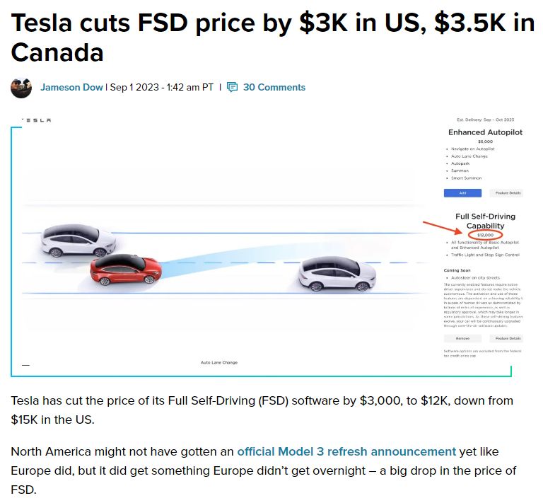 Another Electrek headline from the same day (today) reads "Tesla cuts FSD price by $3K in US, $3.5K in Canada," and the story goes on to treat this dangerous scam like just any other normal feature on a normal car from a normal company. Gotta hear both sides about the system that almost killed your editor in chief!