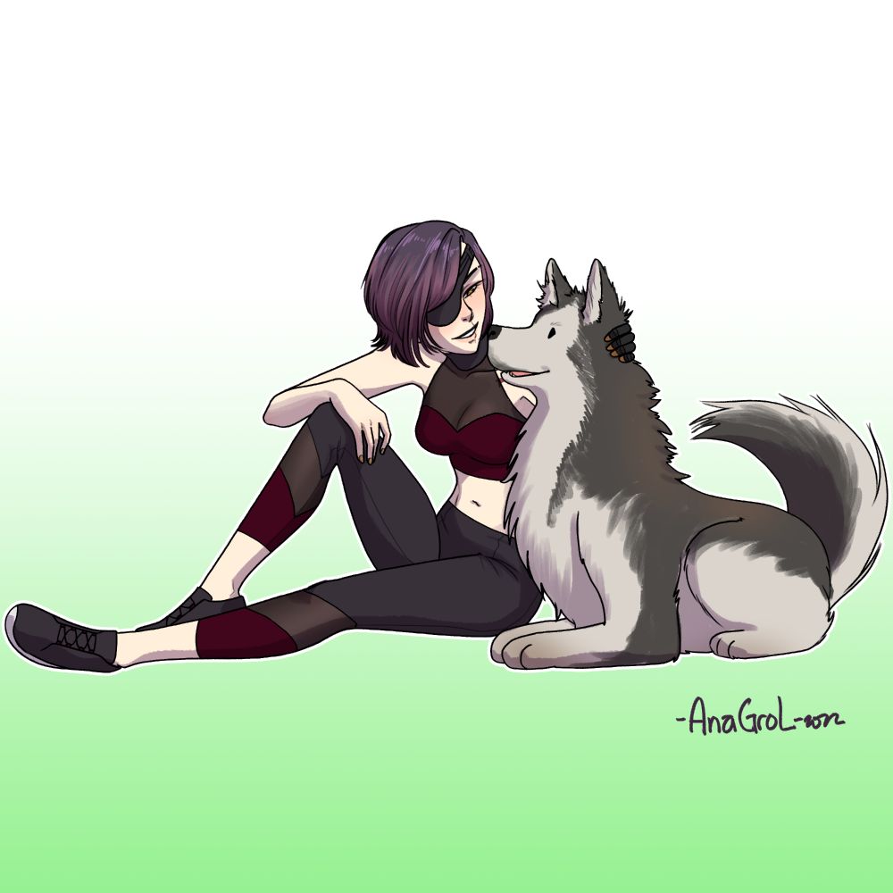 Melody Crosswell pictured with her loyal dog, Yijun. Mel is decked out in some fancy workout/comfort clothes, while Yijun is a dog and is thus not wearing anything. Societal standards regarding animals wearing clothes have not changed in 2245.