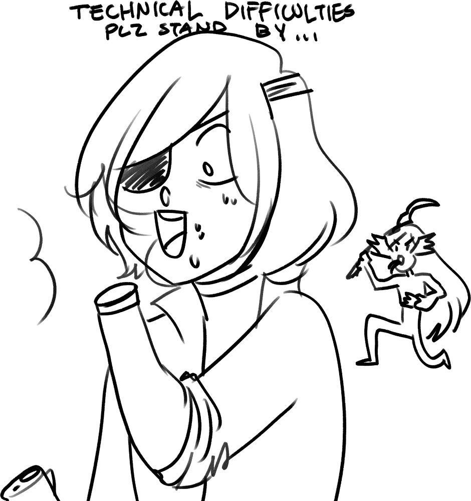 An image of Melody Crosswell from The Space Pirate looking at her missing hand with the text "technical difficulties plz stand by..." at the top. (Art by Ana Grol)