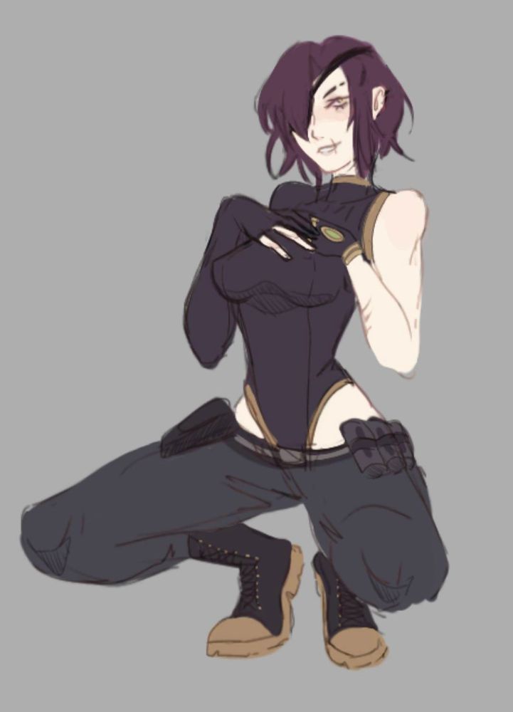 Melody Crosswell, the main character of The Space Pirate, squats and does like, some sorta pose.